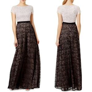 Nha Khanh Isabella Dress Lace Short Sleeve Maxi Gown Colorblock Black White 0